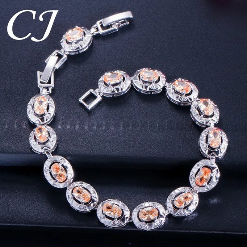 CANDICE Silver Plated Link Chain Bracelets Round Green Crystal Fashion Jewelry For Lady（Extended Clasp）