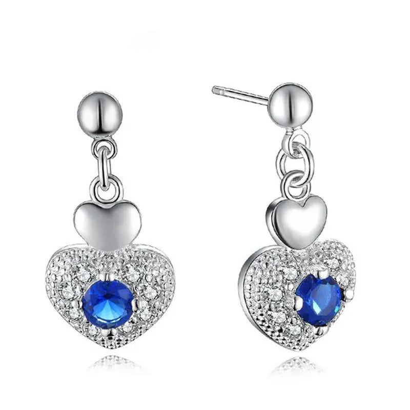 925 Sterling Silver Heart Blue Zircon Crystal Pendant Necklace Earrings for Women Party Wedding Jewelry Set