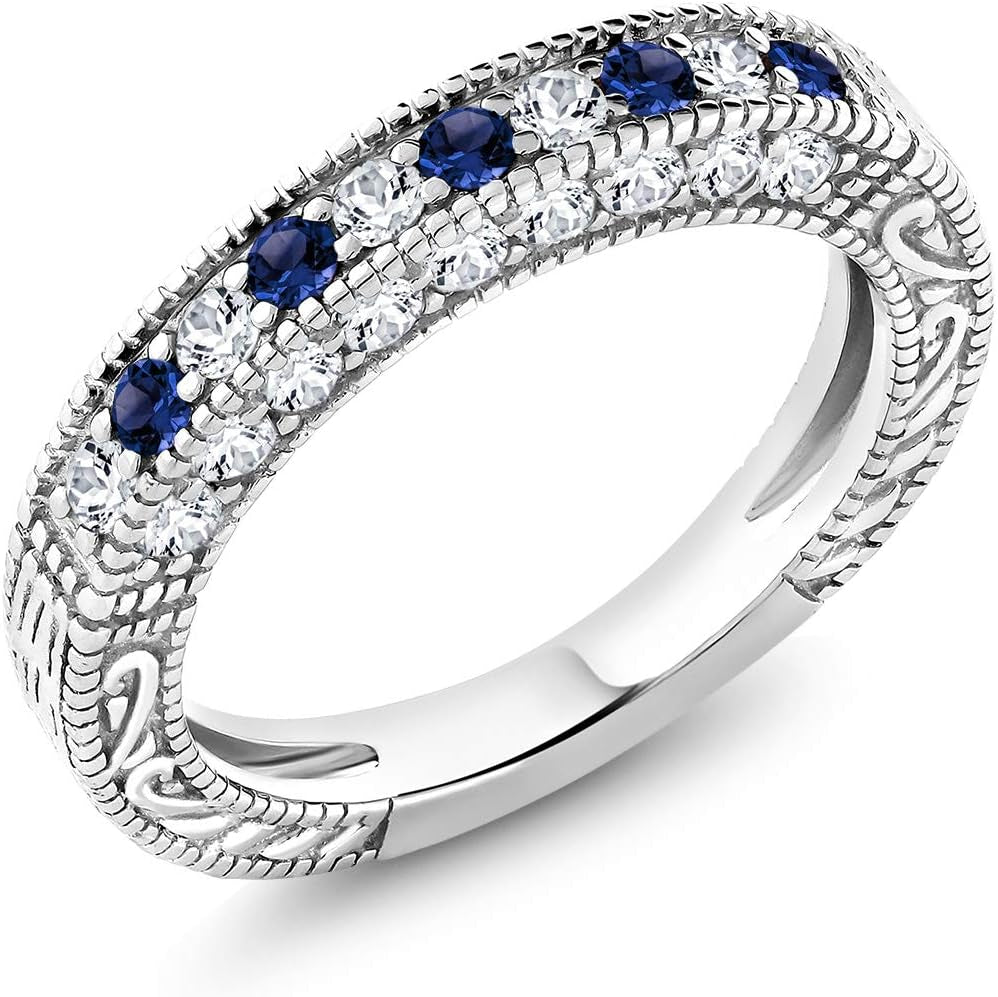 925 Sterling Silver Blue and White Created Sapphire Ring | Wedding Band Ring for Women | 1.00 Cttw | Available in Size 5, 6, 7, 8, 9