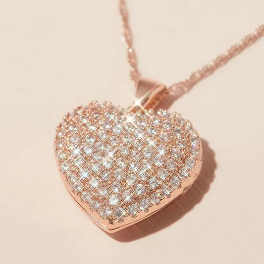 Fashion Clavicle Necklace for Women Rose Gold Micro Pave Lab Diamond Heart Pendant Necklace Anniversary Gift
