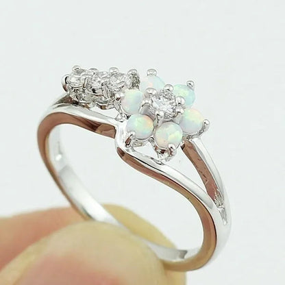 Delysia King Exquisite round cut white fire Australian gemstone flower ladies opal ring diamond jewelry birthday gift bridal engagement party ring size 6-10