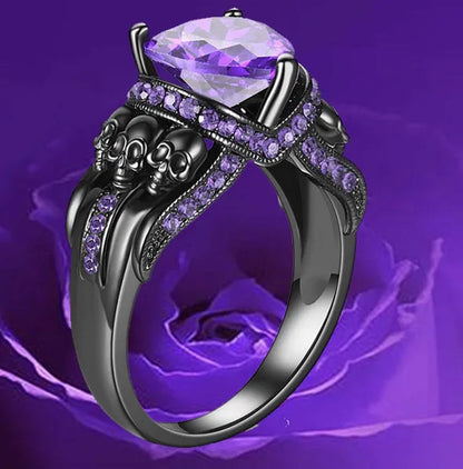 Skull Punk Heart Ring For Women Purple Crystal CZ Rings Black Color Wedding Jewelry