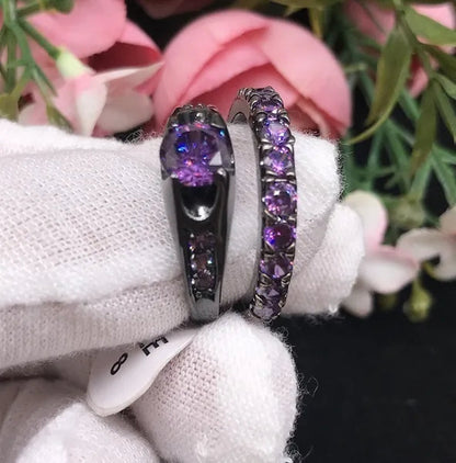 3PCS Amethyst Couple Rings 18K Black Gold Plated Womens Wedding Rings Sets and 8Mm Titanium Steel Men Engagement Promise Band Party Ring