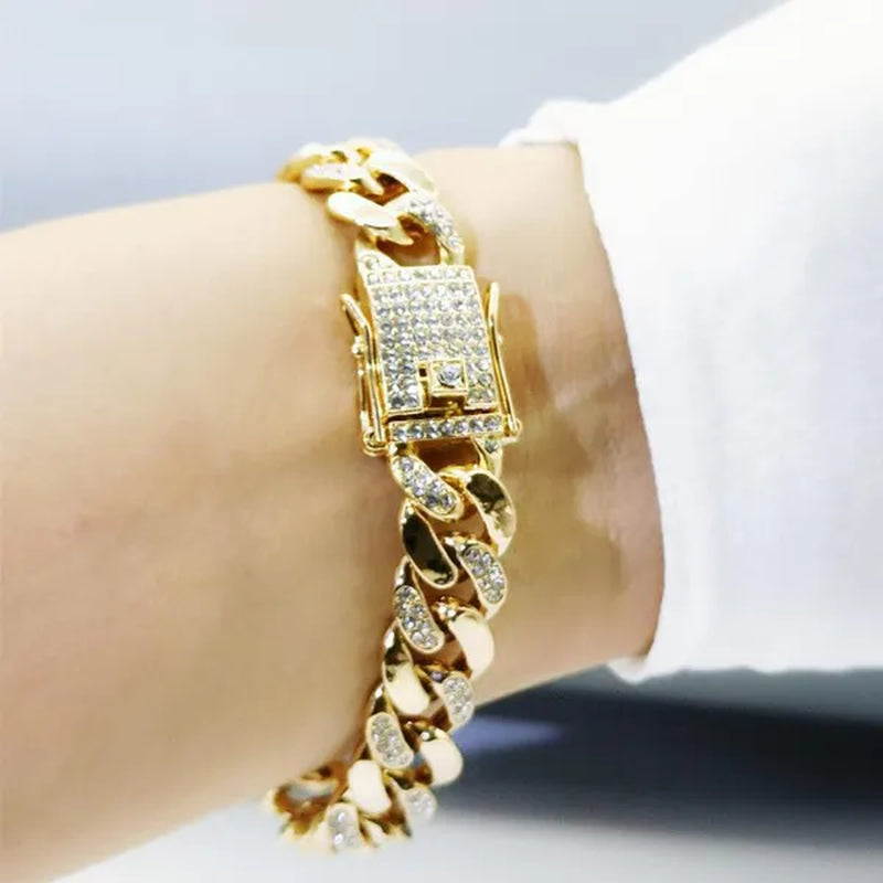 High Quality 12mm Hip Hop Hipster Cuban Chain Diamond Bracelet Men's Jewelry