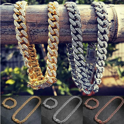 13MM Men's Hip Hop Necklace or Bracelet,Iced Out Bling Rhinestones Miami Cuban Link Chain Necklace Bracelet Set Jewelry Gifts