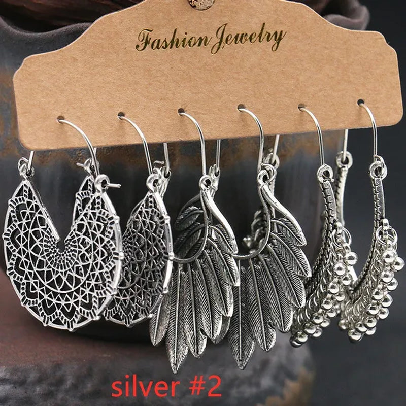 3 Pairs Women's Fashion Jewelry Vintage Bohemian Ethnic Carved Dangle Earrings for Women Charm Geometry Leaves Hoop Earring Wedding Engagement Party Banquet Earrings