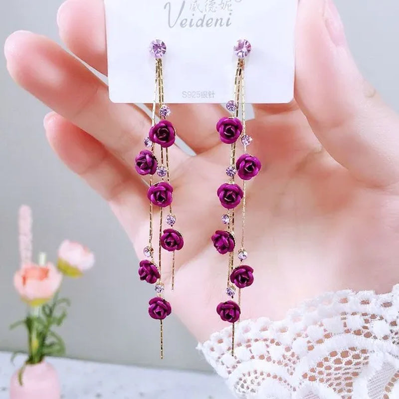 New Exquisite Women's Fashion S925 Silver Needle Diamond Rose Long Tassel Earring Jewelry Gift