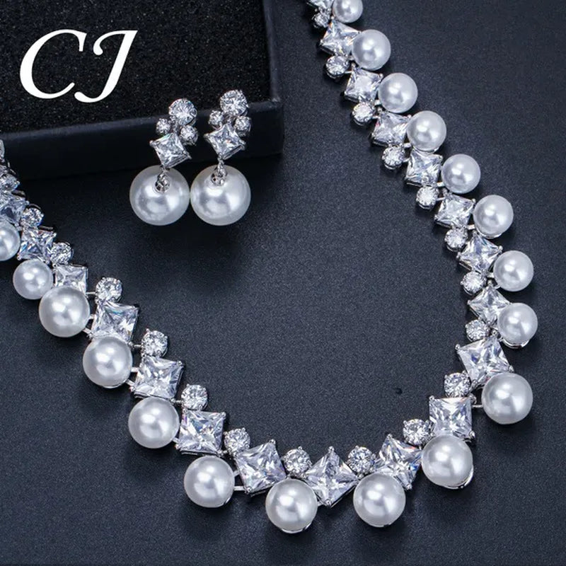 CANDICE High Quality White Gold Plating Square CZ Stone With White Pearl Luxurious Bridal Jewelry Wedding Choker Necklace and Drop Earrings Sets for Brides Dress Accessories