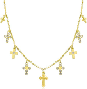 Gold Charm Necklace for Women 14K Gold Plated Cute Cubic Zirconia Rainbow Flower North Star Love Heart Cross Pendant Necklace Adjustable Chain Trendy Party Jewelry Gift for Women