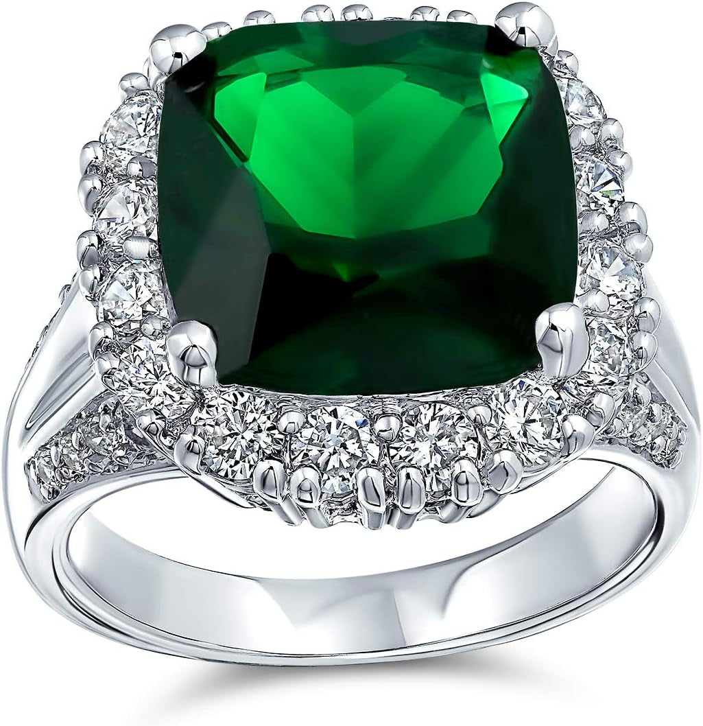 Big Solitaire AAA Cubic Zirconia Pave CZ 5-7CTW Cushion Emerald Cut Simulated Ruby Red Green Vintage Art Deco Style Halo Cocktail Statement Ring for Women Silver Plated Customizable