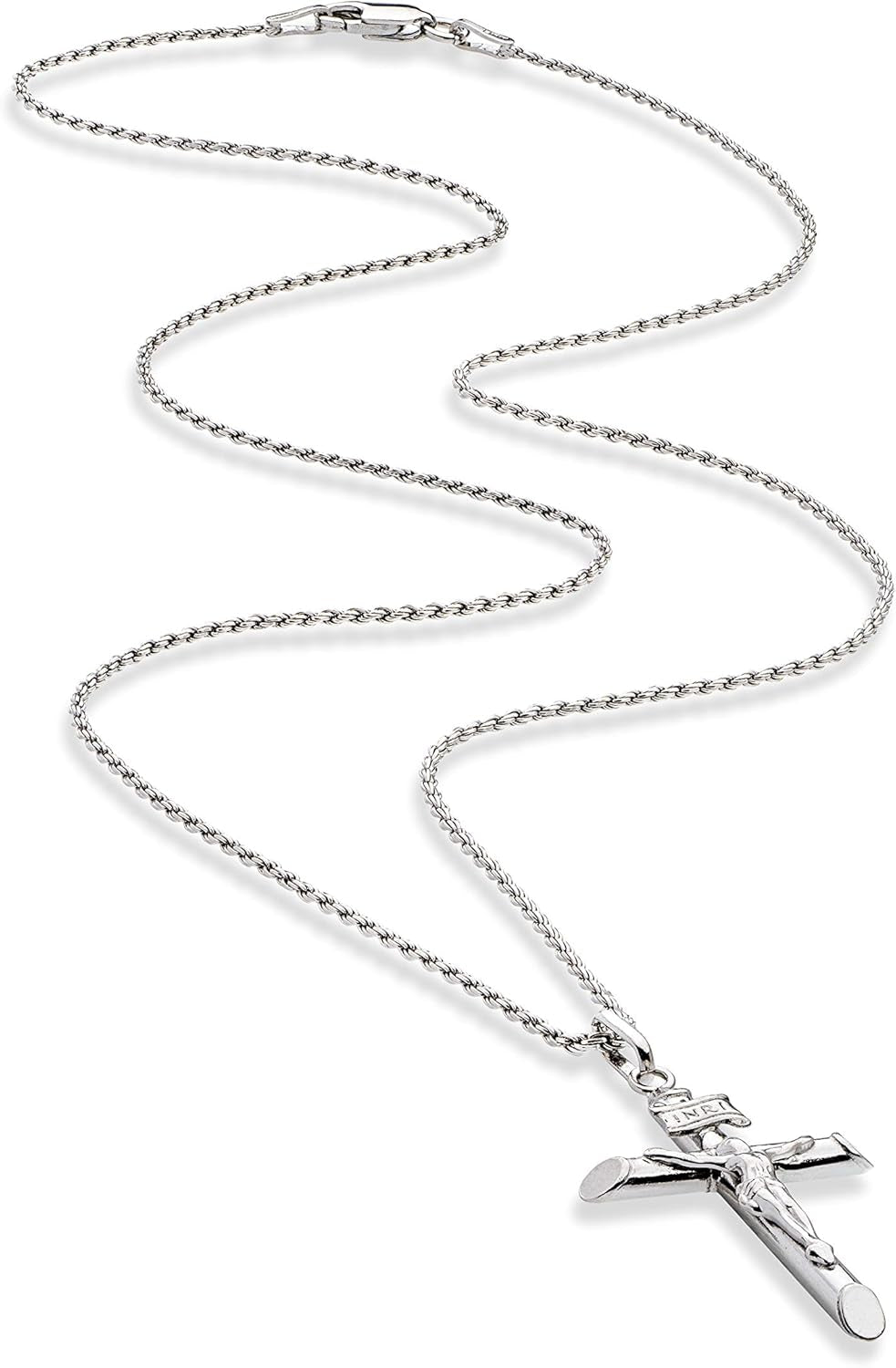Rhodium Plated 925 Sterling Silver Small or Large Crucifix Necklace for Men Women, Cross Pendant with Rope Chain, Made in Italy