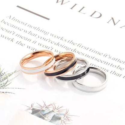 4mm Stainless Steel Black/White Enamel Ring Wedding Band for Women Girl Size 3-10