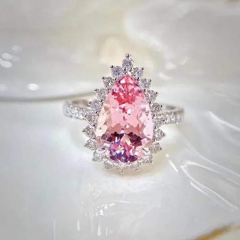 Luxurious High-quality Flower Shaped Silver Inlaid Dazzling Pink Zircon Women's Ring, Fashionable New Romantic Wedding Jewelry Accessories Christmas Gift, Anniversary Ring Valentine's Day Gift for Her