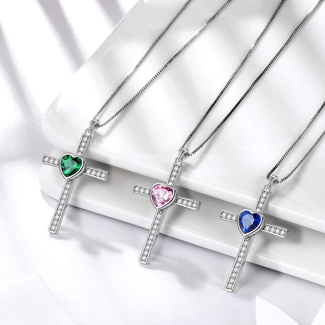 Heart Birthstone Necklace/Ring,925 Sterling Silver Women Cross/Heart 12 Birth Stones Jewelry for Birthday Gift Anniversary Wedding