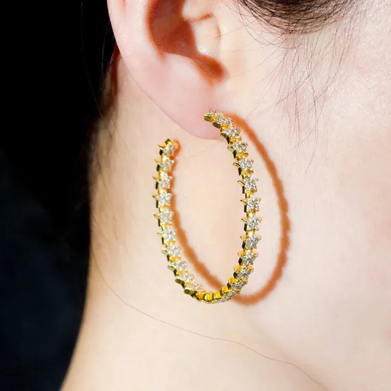 Gloriya Glitter Star CZ Oversize Circle Loop Earring High Quality Gold / Silver Plated Big Round Hoop Earrings for Women Statement Jewelry Brincos