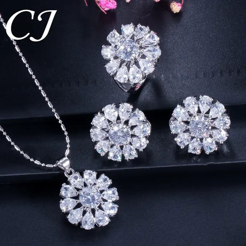 CANDICE BLUE Zirconia Stone Flower Stud Earrings Necklace Ring Fashion Sterling Silver Plated Jewelry for Christmas Party