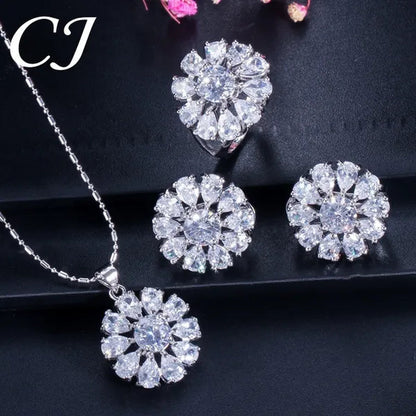 CANDICE BLUE Zirconia Stone Flower Stud Earrings Necklace Ring Fashion Sterling Silver Plated Jewelry for Christmas Party