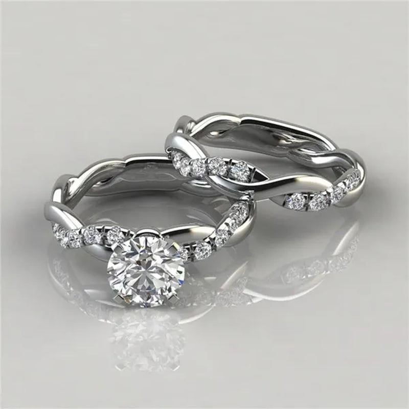 Women's Delicate Stainless Steel Twist Round Cut White Sapphire Ring Set Bridal Engagement Diamond Rings Wedding Rings Anniversary Gift Banquet Party Jewelry Ring Size 5-11