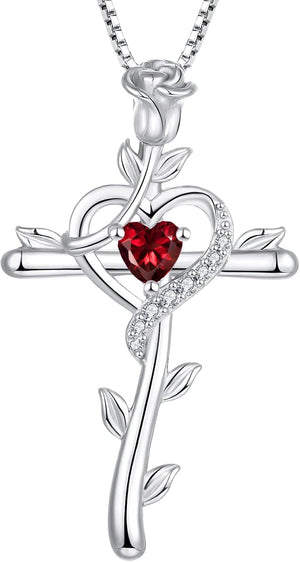 Rose Cross Necklace 925 Sterling Silver Heart Crucifix Pendant Birthstones Jewelry for Women
