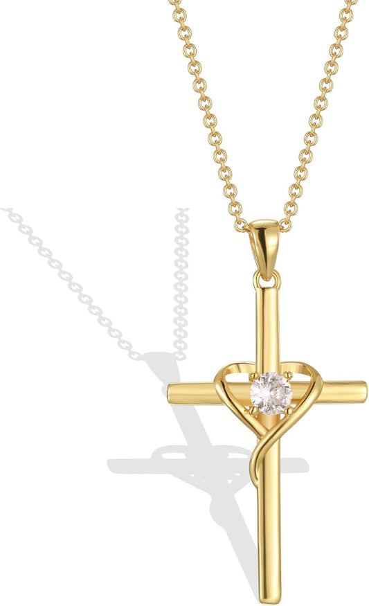 Cross Necklace for Woman,18K Gold Plated Cross Shaped Diamond Embellished Pendant Religious Necklace Christian Jewelry Chain 45 Cm/17.71 Inches