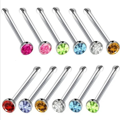 New Fashion Stainless Steel CZ Crystal Straight Shape Diamond Rhinestone Nose Ring Body Piercing Stud Jewelry Bone 20 Gauge for Women Girls 2 Types