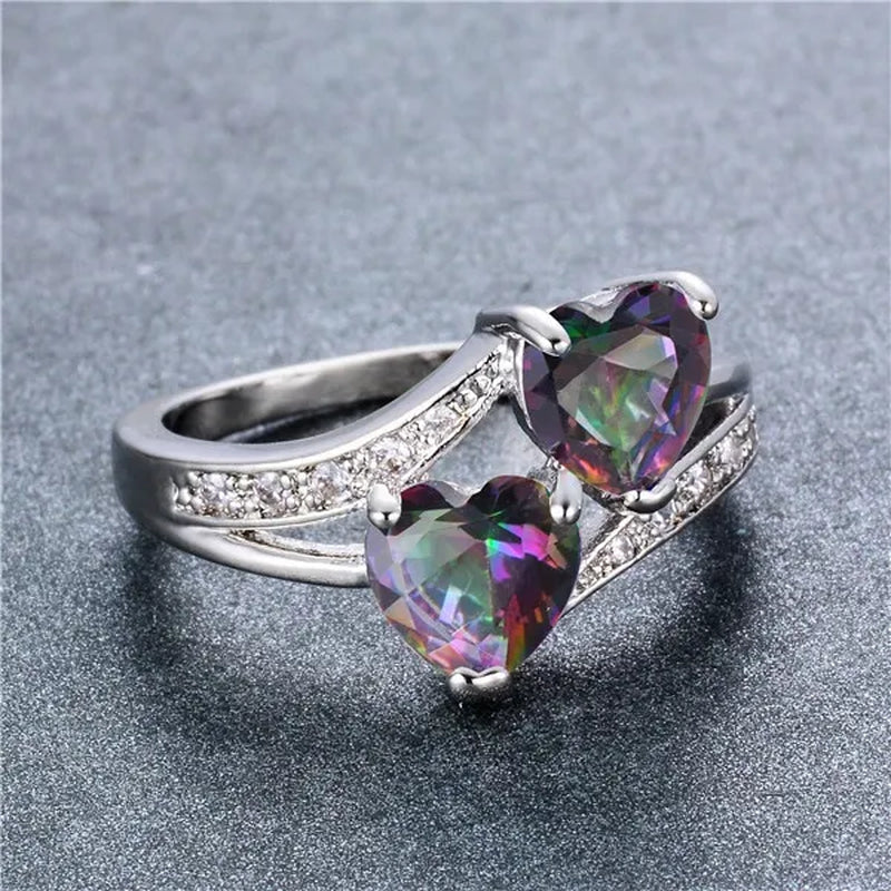 Birthstone rings...romantic double heart cut gemstone blue white opal rainbow topaz crystal ring white gold jewelry