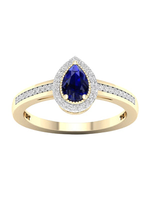 Gemstone 10K Yellow Gold Pear Blue Sapphire 1/8 CT TW Diamond Halo Women'S Ring