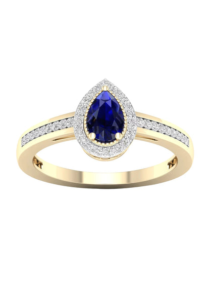 Gemstone 10K Yellow Gold Pear Blue Sapphire 1/8 CT TW Diamond Halo Women'S Ring