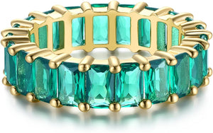 Green Emerald Band (5 Carat) 18K Gold Plated Claw Prong | Rectangle Emerald Cut Eternity Band CZ Ring