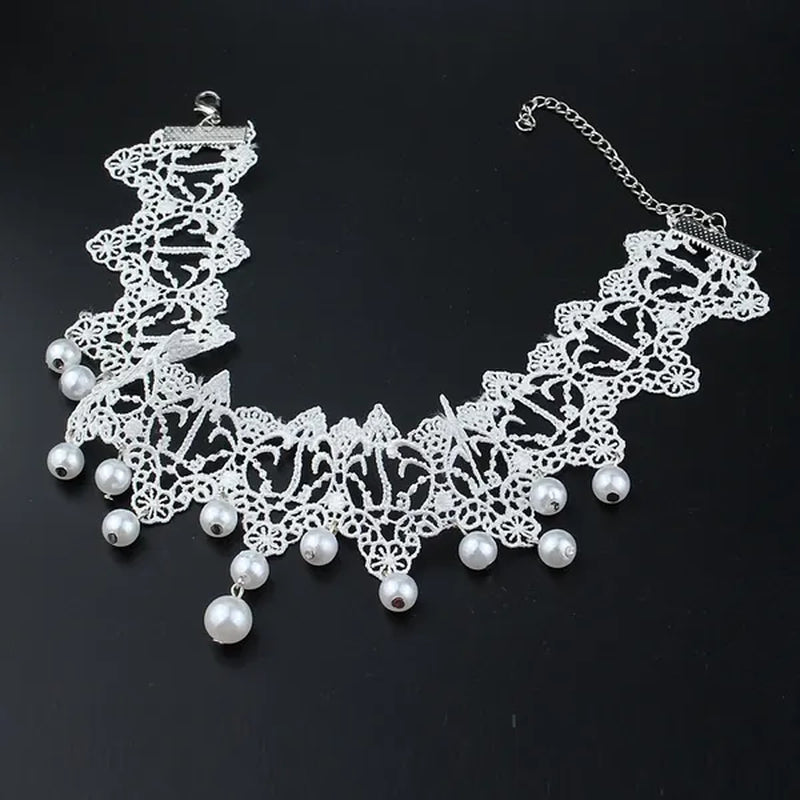 White Lace Necklace Chokers Black Collares Vintage Style Female Gothic Wedding Red Rose Crystal Diamond Pendant Collarbone Necklaces Chain Accessories for Women Girls - WORLD TIME VISITS