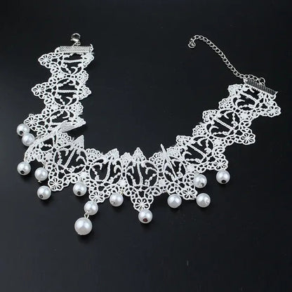 White Lace Necklace Chokers Black Collares Vintage Style Female Gothic Wedding Red Rose Crystal Diamond Pendant Collarbone Necklaces Chain Accessories for Women Girls - WORLD TIME VISITS