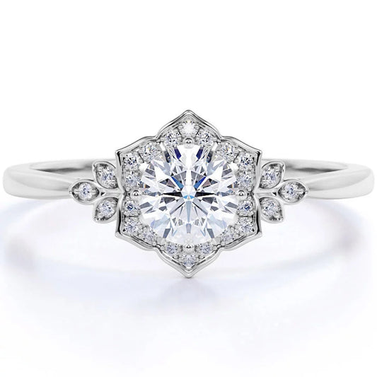 1.75 Carat round Cut Moissanite and Diamond Vintage Art-Deco Engagement Ring in 10K White Gold