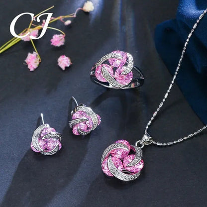 CANDICE Korean Fashion Sterling Silver Plated Women Elegant Pendant Necklace Earrings and Ring Sets Inlay Pure AAA Cubic Zirconia Knot Jewelry Set for Lady（US 6-9)