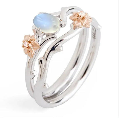 Delicate Women'S Fashion Two Tone Twig and Rose Gold Flowers Moonstone Ring Set Anniversary Gift Engagement Bridal Wedding Jewelry Rings Size 5-10
