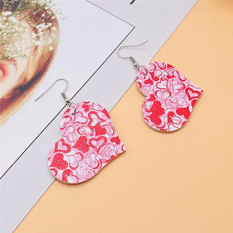 Europe and America 2021 New Valentine'S Day Leather Heart-Shaped Love Red Lips Double-Sided Printing PU Earrings