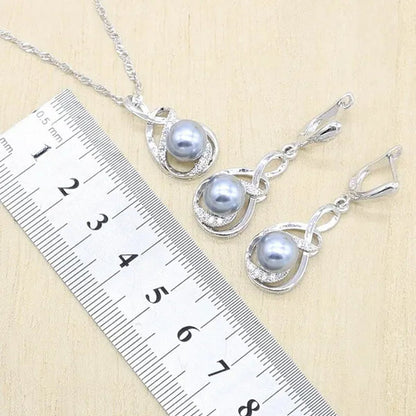 1/4Pcs Women Wedding Jewelry Set Gray Pearl Silver Color Bracelet Earring Necklace Pendant Ring Birthday Gift