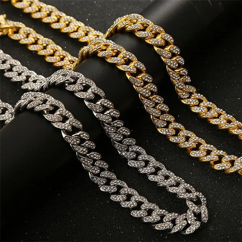 13MM  24K Gold/925 Silver Iced Out BlingBling Diamond Cuban Link Chain Miami Choker Necklace Bracelet Jewelry Set for Fashion Men and Women Hip Hop Jewelry - WORLD TIME VISITS