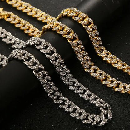 13MM  24K Gold/925 Silver Iced Out BlingBling Diamond Cuban Link Chain Miami Choker Necklace Bracelet Jewelry Set for Fashion Men and Women Hip Hop Jewelry - WORLD TIME VISITS