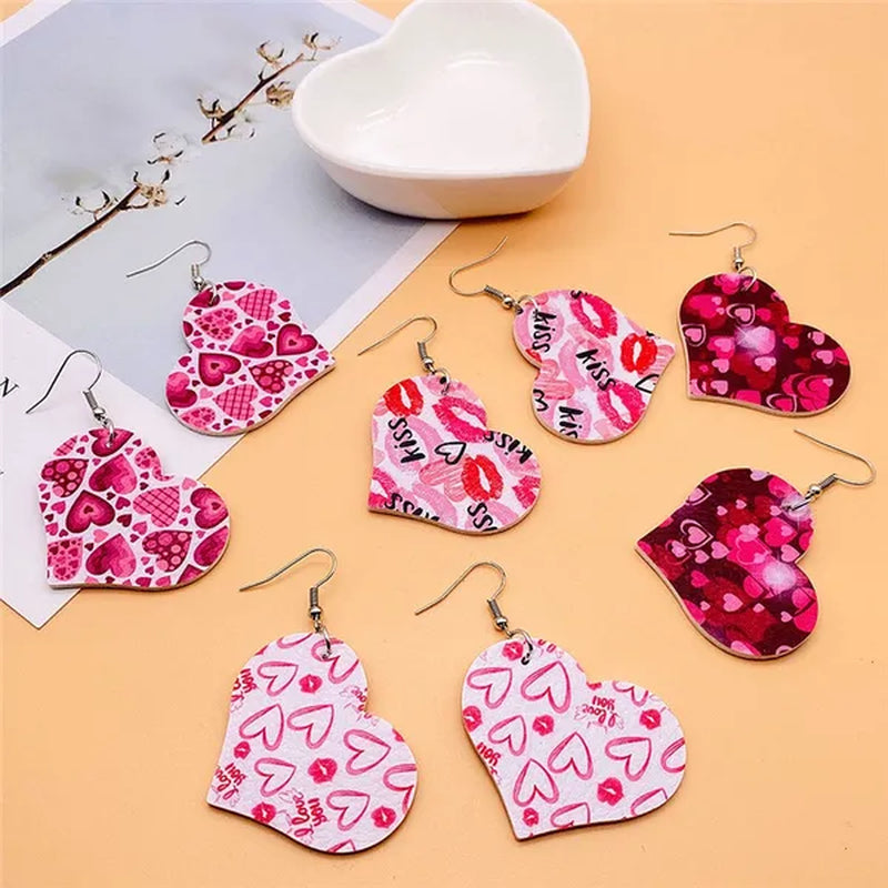 Europe and America 2021 New Valentine'S Day Leather Heart-Shaped Love Red Lips Double-Sided Printing PU Earrings