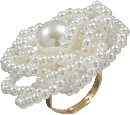 Pearl Ball Flower Statement Ring for Women Girls Gold Tone Handmade Adjustable Expandable Artificial Pearls Bead Cluster Open Wrap Finger Rings Comfort Fit Fashion Wedding Christmas Theme Party Jewelry Gift