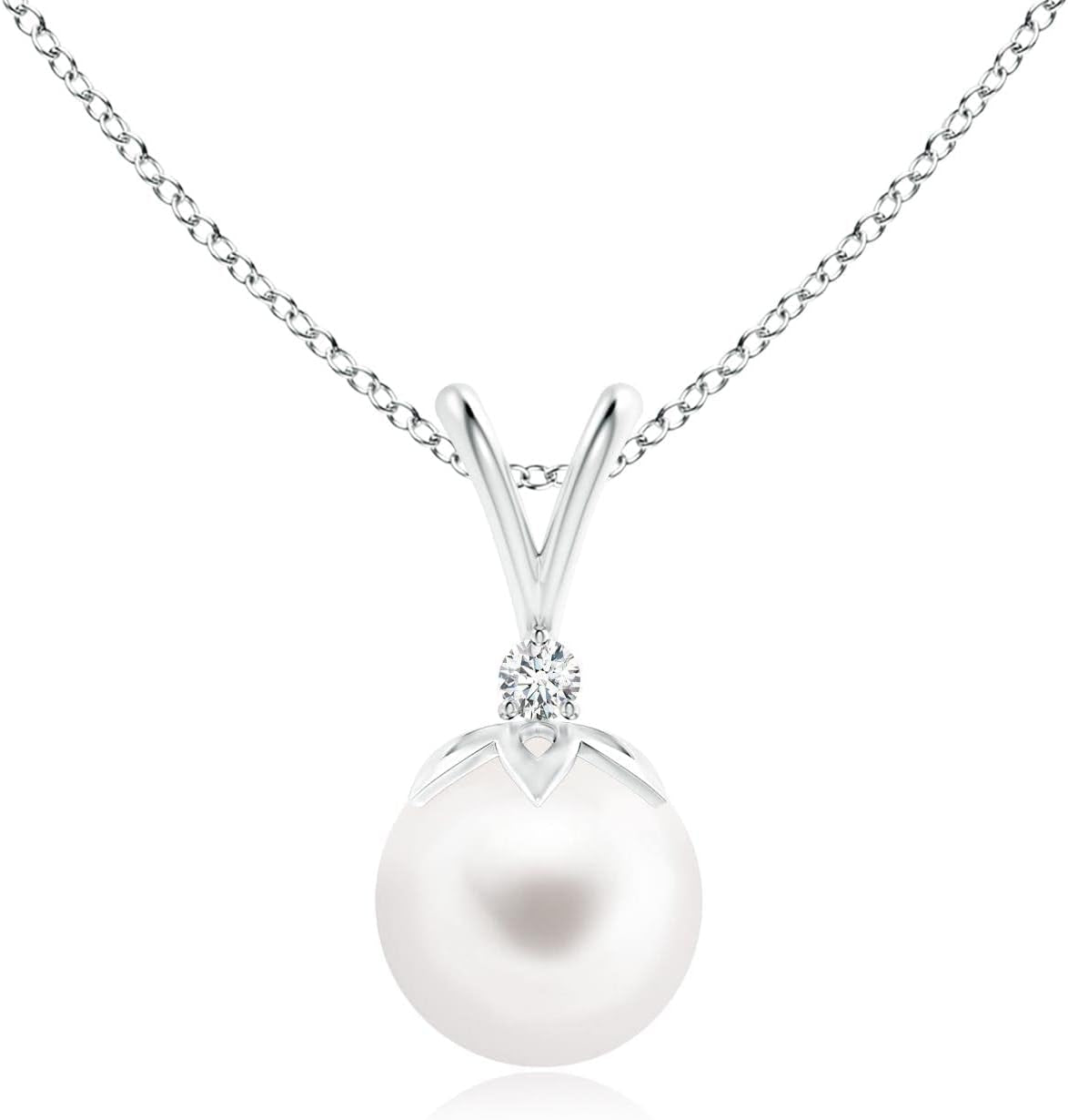 Natural Freshwater Pearl Pendant Necklace with Diamonds in Sterling Silver, 14K Solid Gold for Women, Girls, June Birthstone Jewelry Gift for Her, Birthday, Wedding, Anniversary, Valentines Day