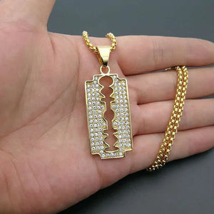 316 Stainless Steel Gold Plated Diamond Blade Pendant Necklace Men's Hip Hop Jewelry