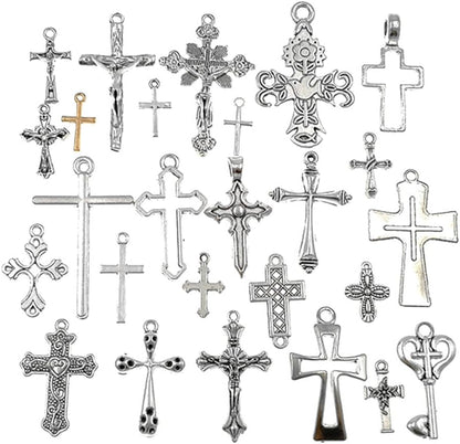 Christian Cross Charm Assorted Alloy Crucifix Pendant Connector for DIY Necklace Bracelet Jewelry Making Accessaries(25Pcs,Antique Silver)