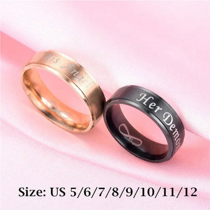 Fashion 'His Angel' 'His Angel' Stainless Steel Couples Ring Wedding Ring Gifts For Lovers (Style: Black-'Her Demon' For Men, Rose Gold-'His Angel')