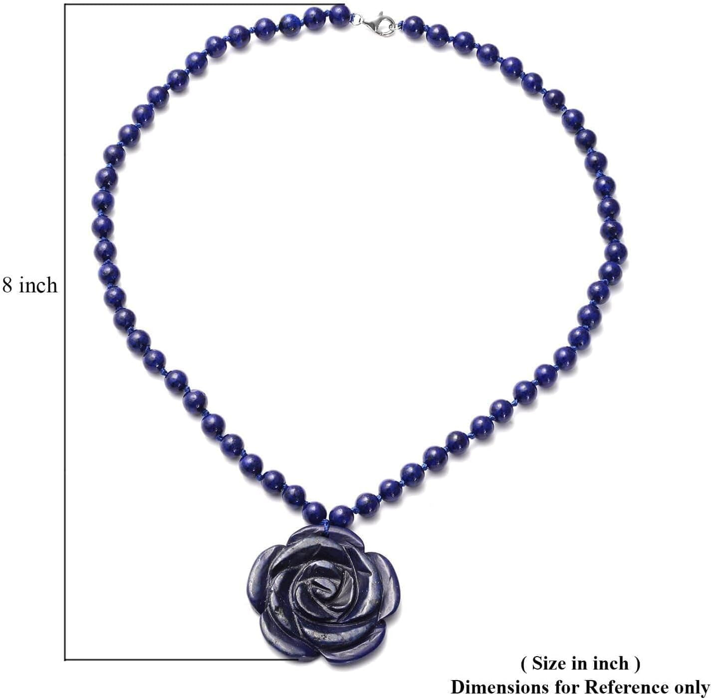 Carved Rose Blue Lapis Lazuli Beaded Necklace for Women 925 Sterling Silver Rhodium Plated Gifts for Women Size 18" Birthday Gifts