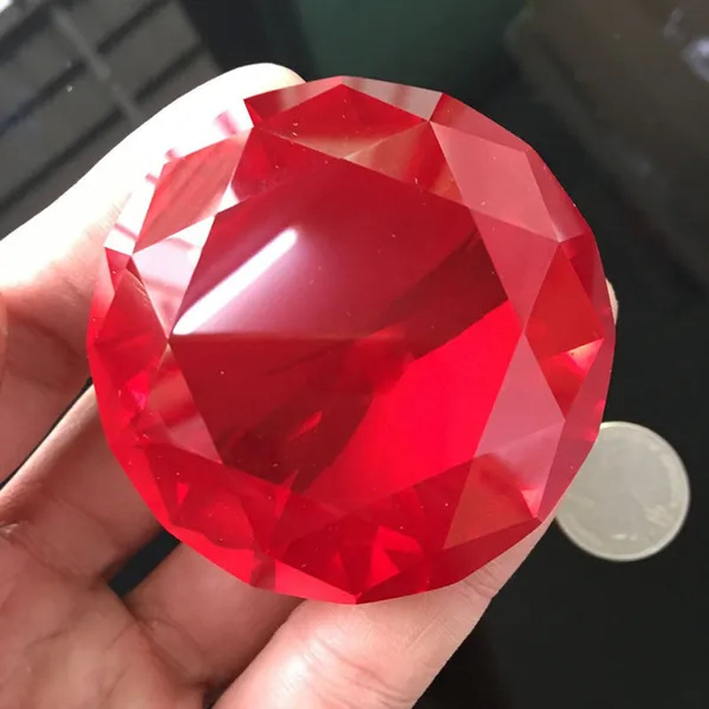 60mm Pink Crystal Yellow Diamond Ruby Glass Faceted Paperweight Display Jewelry