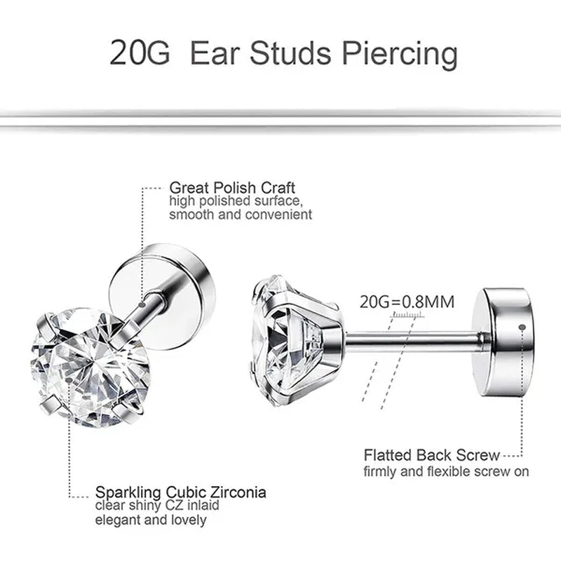 1 Pair/9 Pairs 18G Stainless Steel Ear Stud Piercing Barbell Studs Earrings round Cubic Zirconia Inlaid Body Jewelry for Women Girls Kids Christmas Present - WORLD TIME VISITS