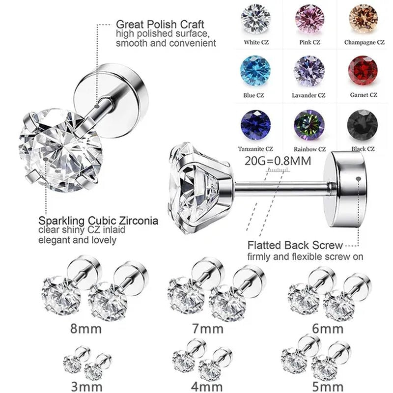1 Pair/9 Pairs 18G Stainless Steel Ear Stud Piercing Barbell Studs Earrings round Cubic Zirconia Inlaid Body Jewelry for Women Girls Kids Christmas Present - WORLD TIME VISITS