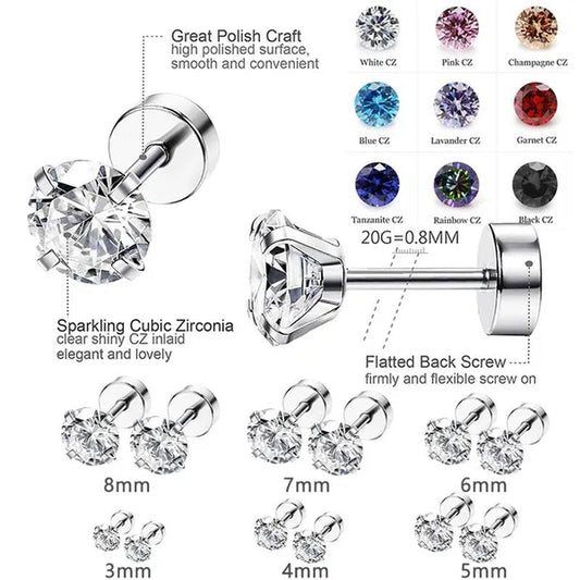 1 Pair/9 Pairs 18G Stainless Steel Ear Stud Piercing Barbell Studs Earrings round Cubic Zirconia Inlaid Body Jewelry for Women Girls Kids Christmas Present - WORLD TIME VISITS
