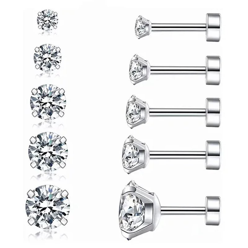 1 Pair/9 Pairs 18G Stainless Steel Ear Stud Piercing Barbell Studs Earrings round Cubic Zirconia Inlaid Body Jewelry for Women Girls Kids Christmas Present - WORLD TIME VISITS